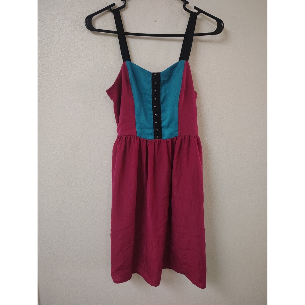 Xhilaration Pink Teal Colorblock Hook Eye Smocked Back Mini Dress Womens Small